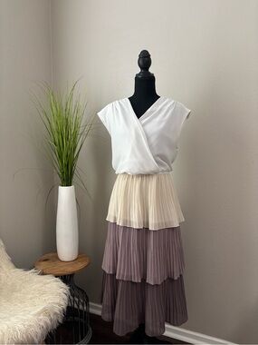 Tiered Pleated Maxi Dress in Cream and Taupe